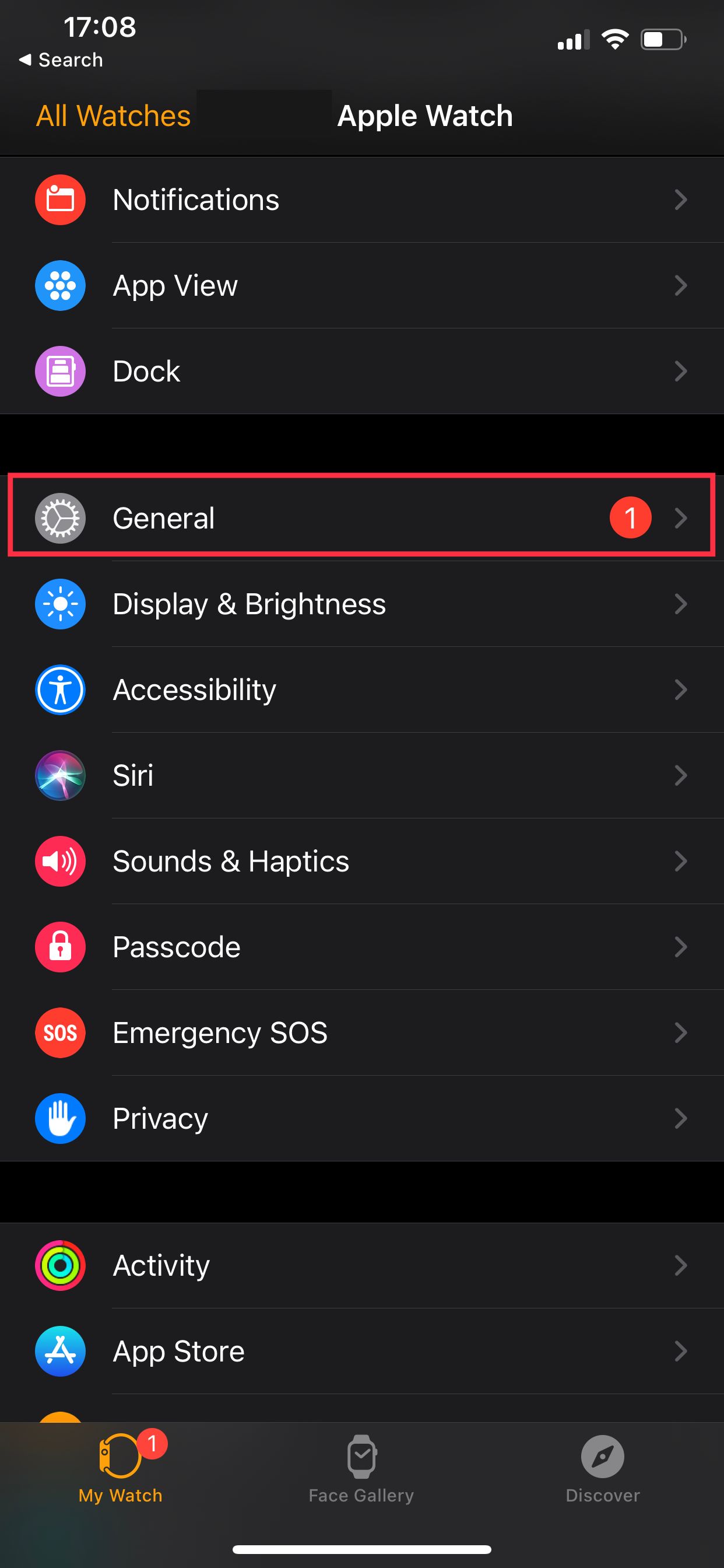 The settings page on the Watch app on iPhone