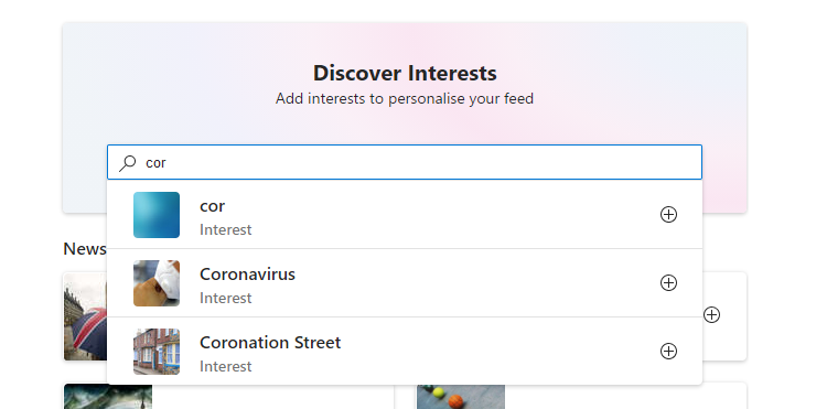 windows 10 news and interest search for interests