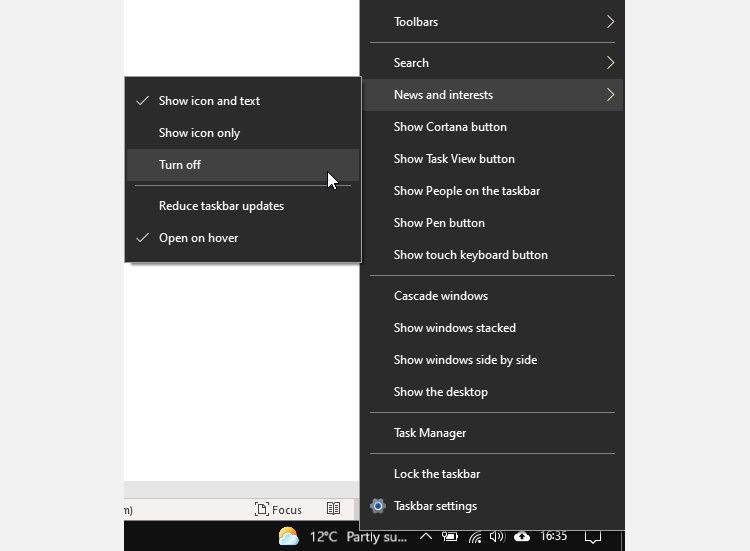 windows 10 news and interest switch off feature