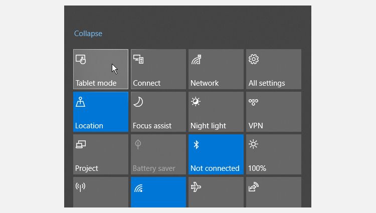 windows 10 tablet mode notifications bar action centre