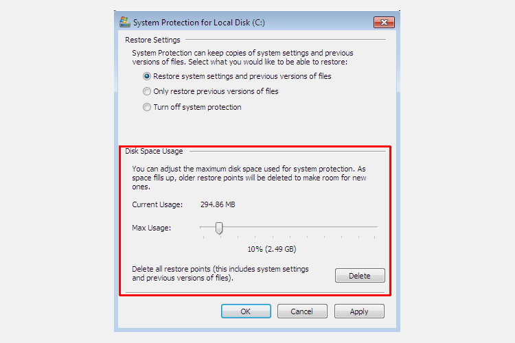 windows 7 system protection file settings