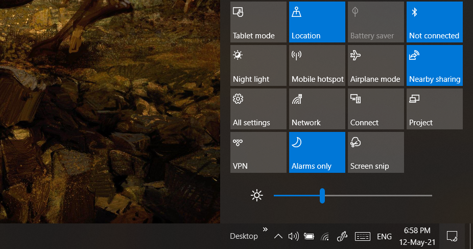 Wi-Fi in the Windows 10 action center.