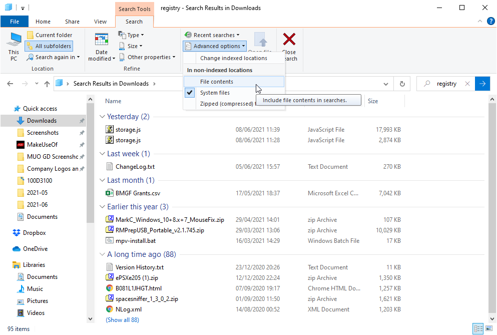 windows file explorer advanced search options tab