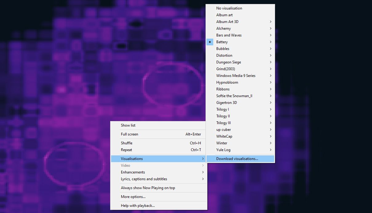 Windows Media Player Visualizations Menu