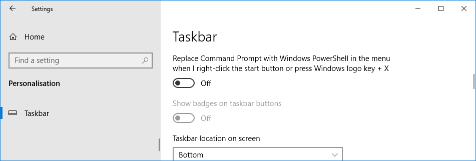 windows settings taskbar