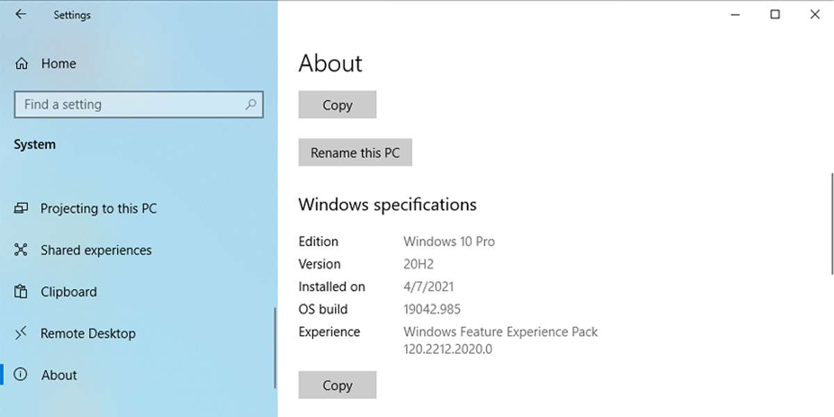 Windows specification in Windows 10