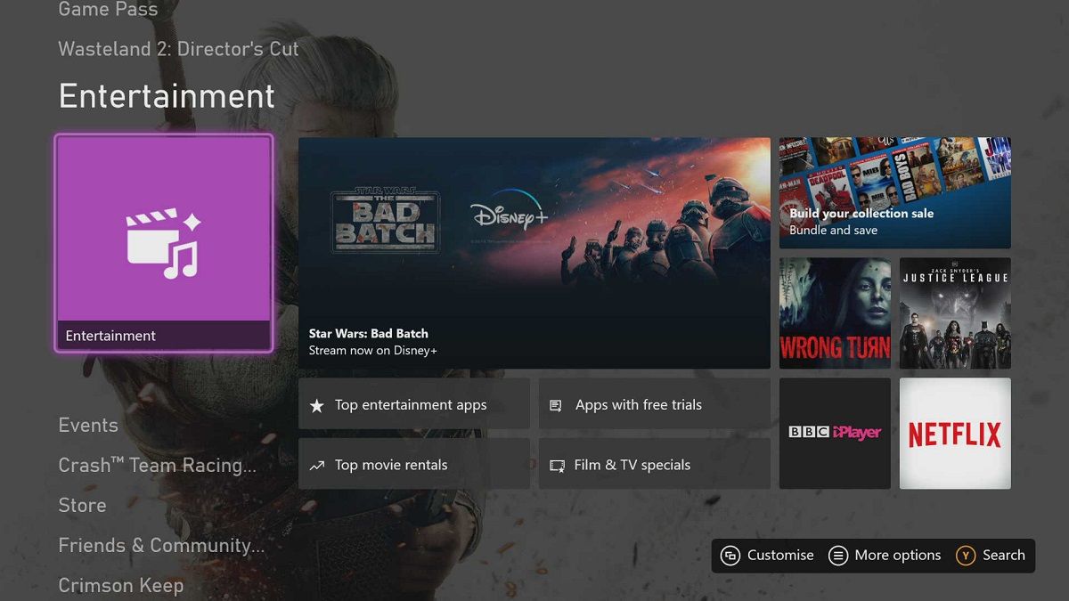 Entertainment on the Xbox dashboard