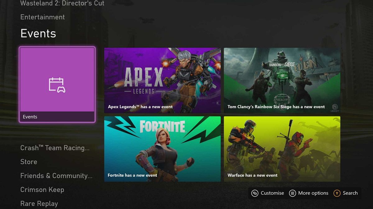 Events on the Xbox dashboard