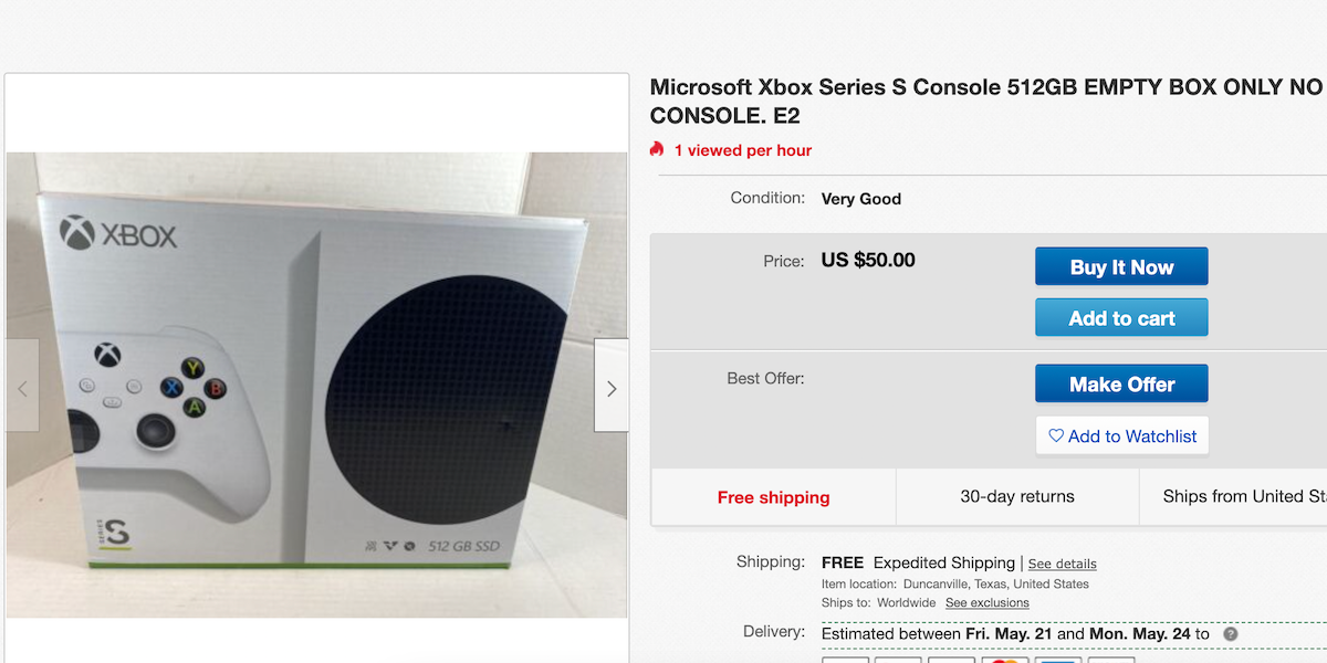 An eBay listing for only the box of an Xbox Series S