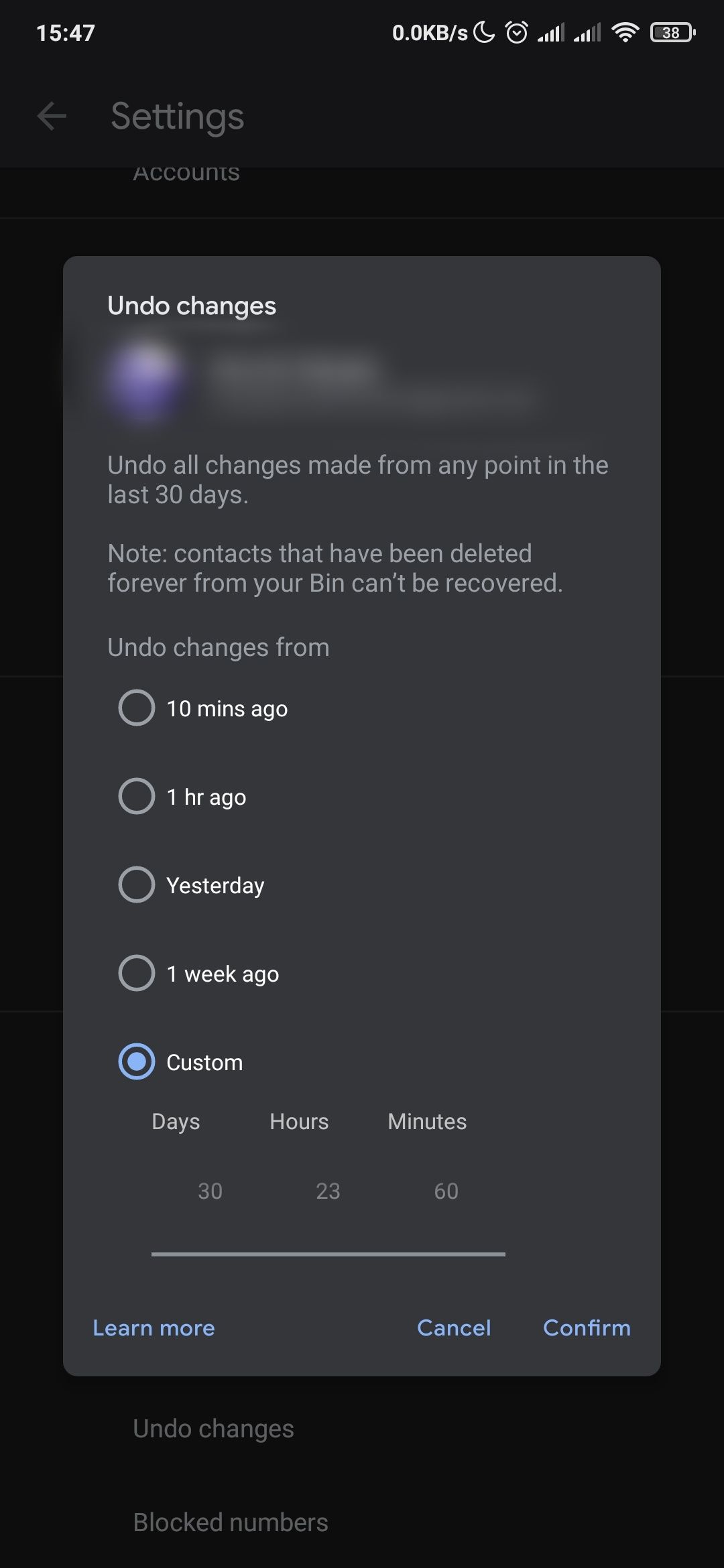 Setting Google contacts to restore deleted contacts