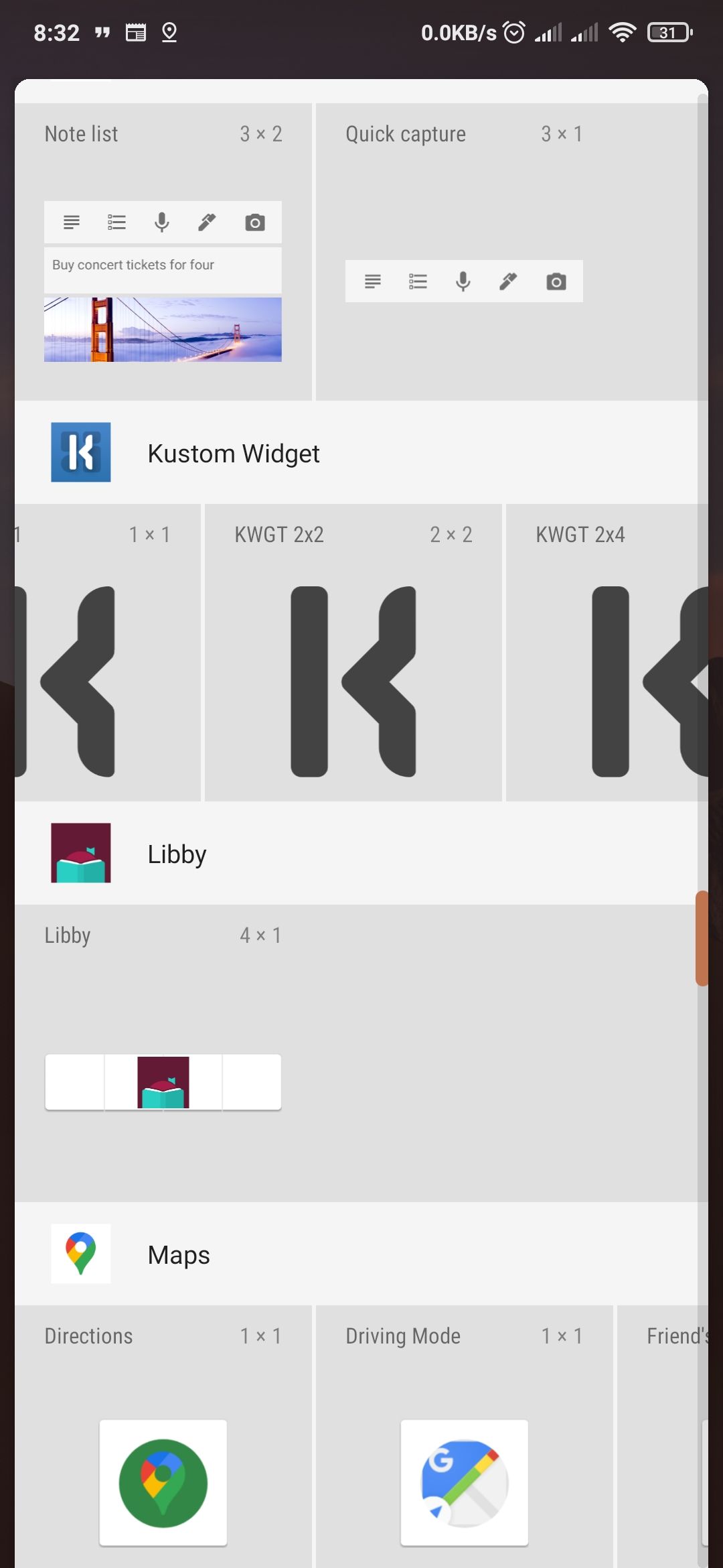 Widget section on Android