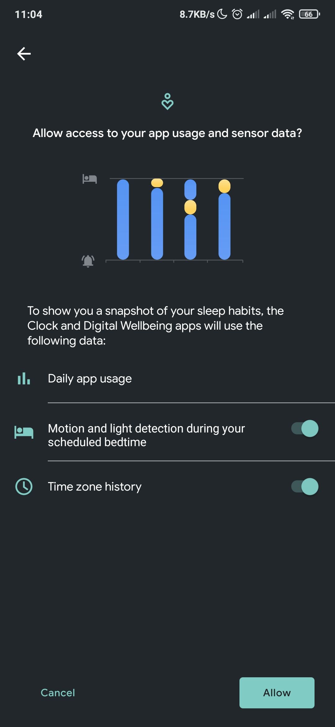 Setting up bedtime activity tracking in Google's clock app