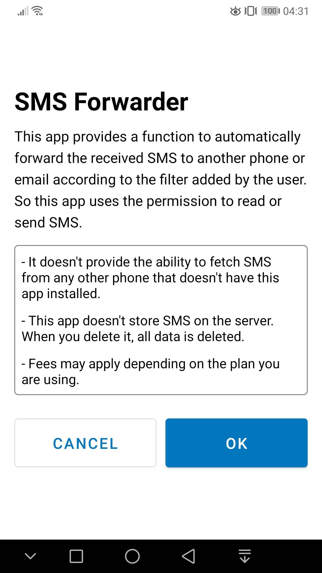 SMS-Weiterleitungsbildschirm mit Angabe seiner Funktionen