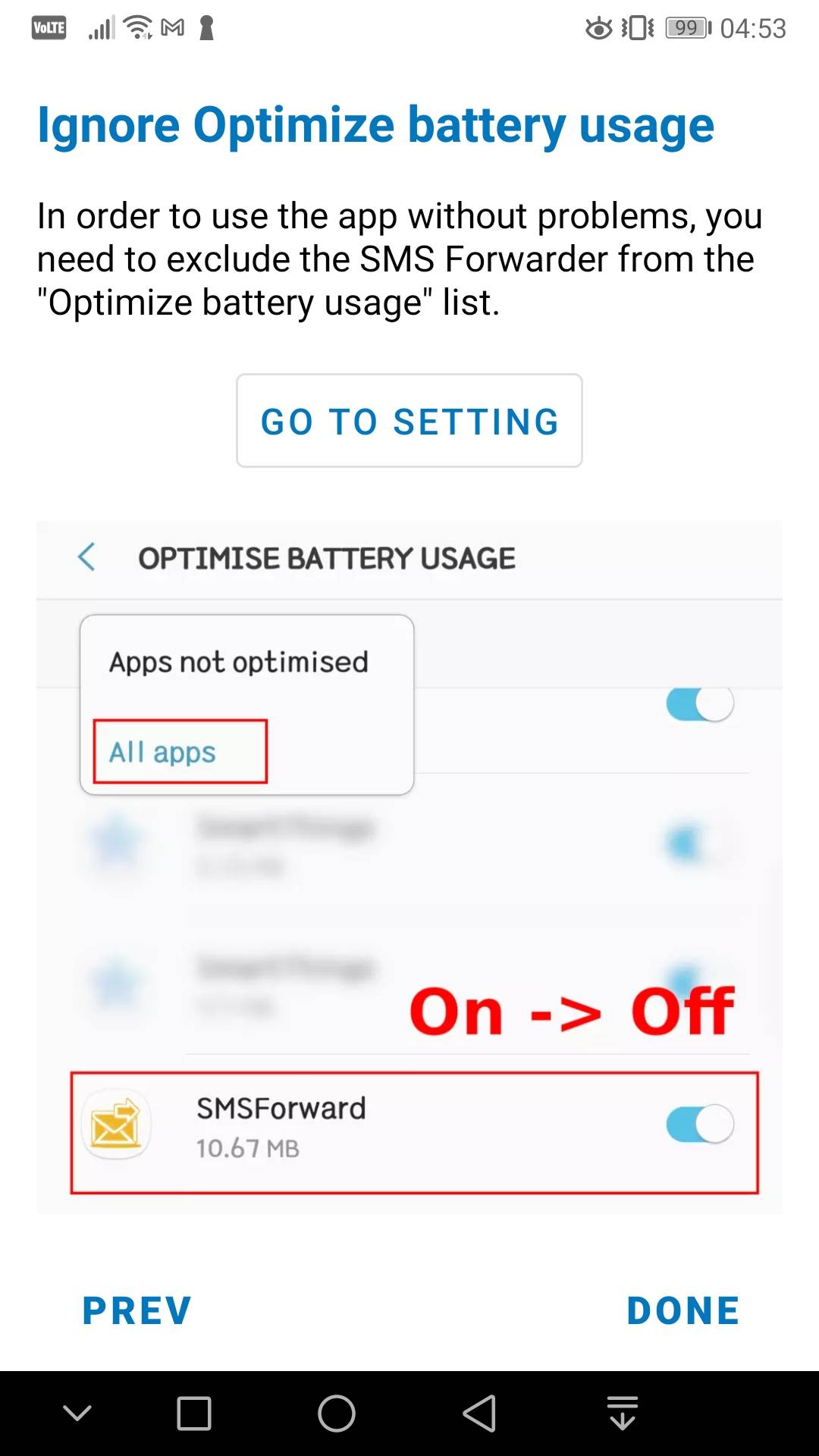 Optimierungseinstellungen Anweisungen zur SMS-Weiterleitung