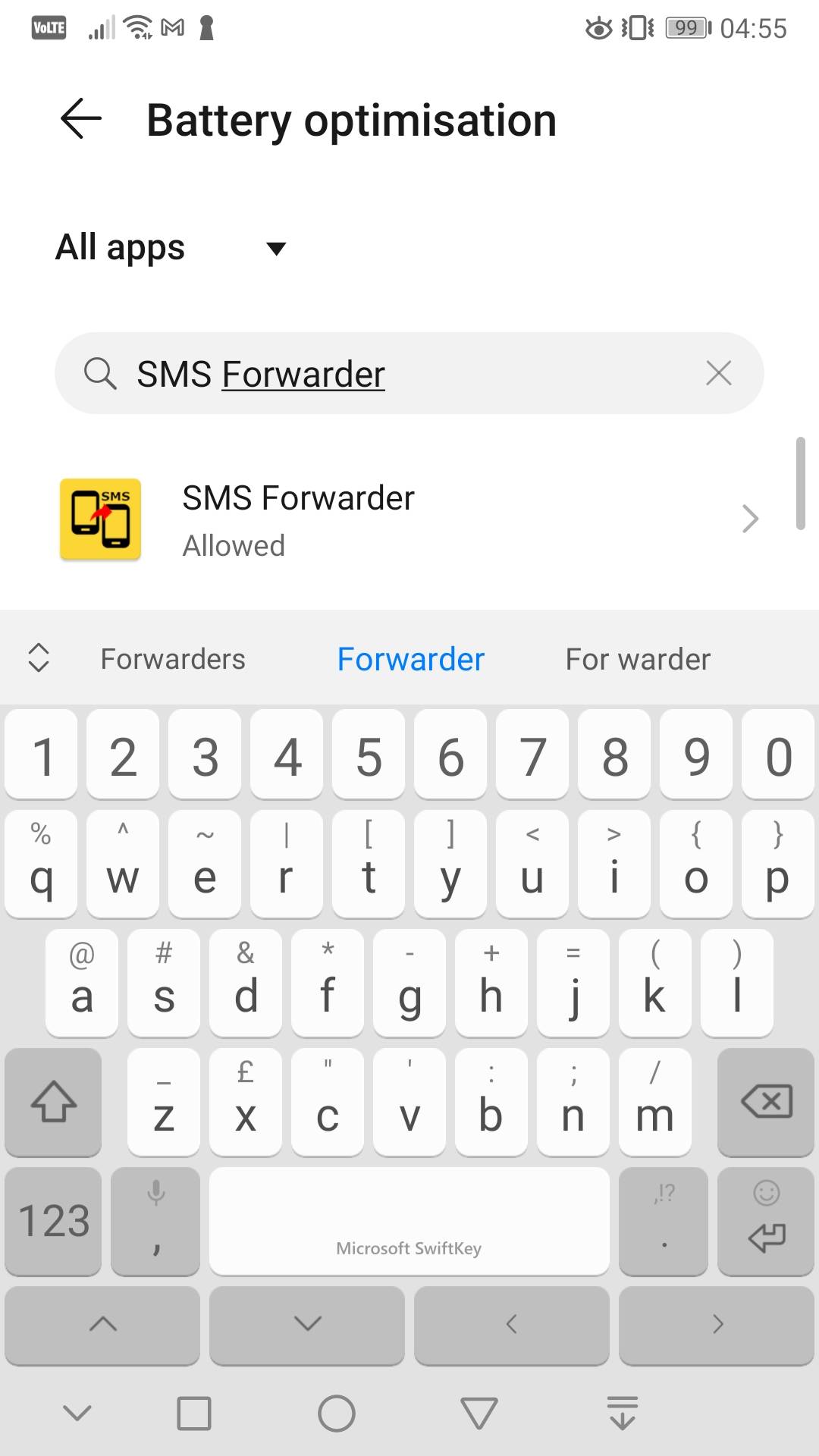 Suche nach SMS-Weiterleitung in den Einstellungen zur Batterieoptimierung