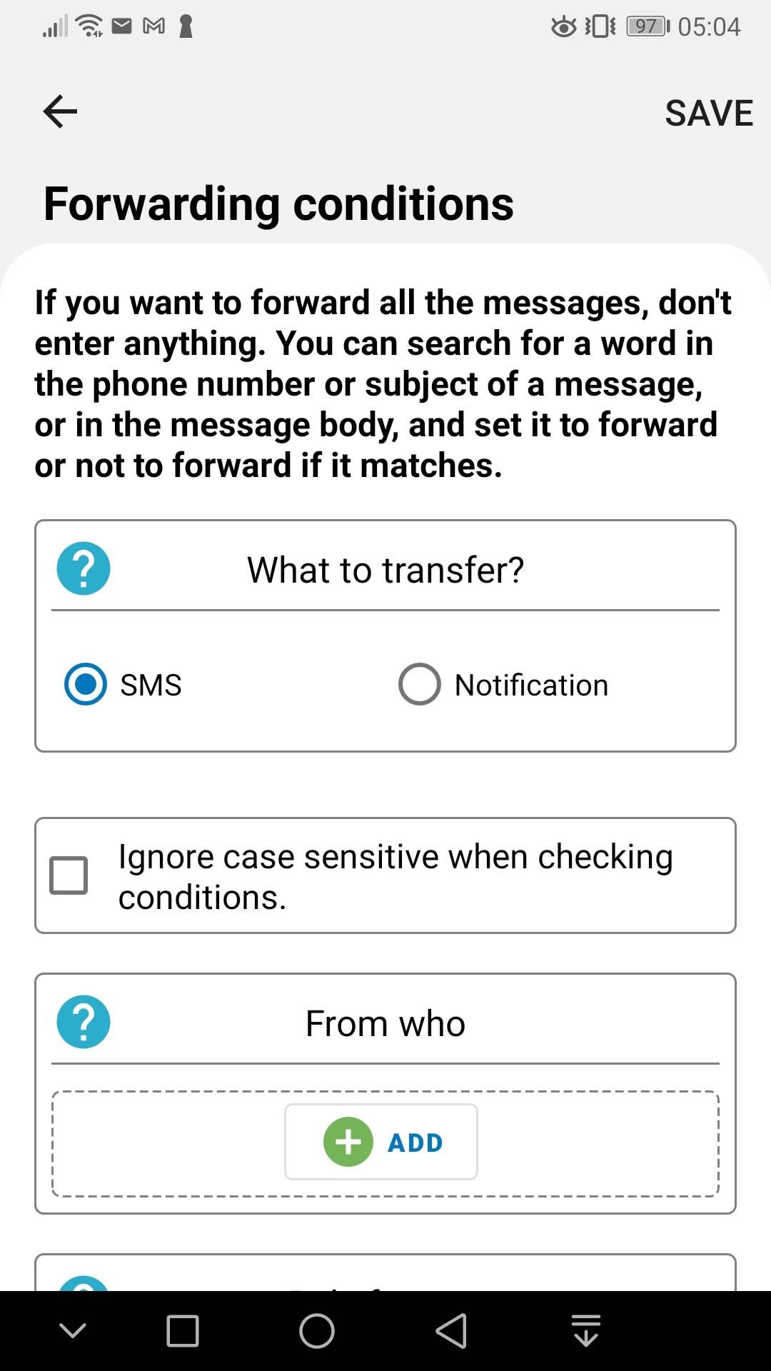 Was Filter auf SMS Forwarder übertragen