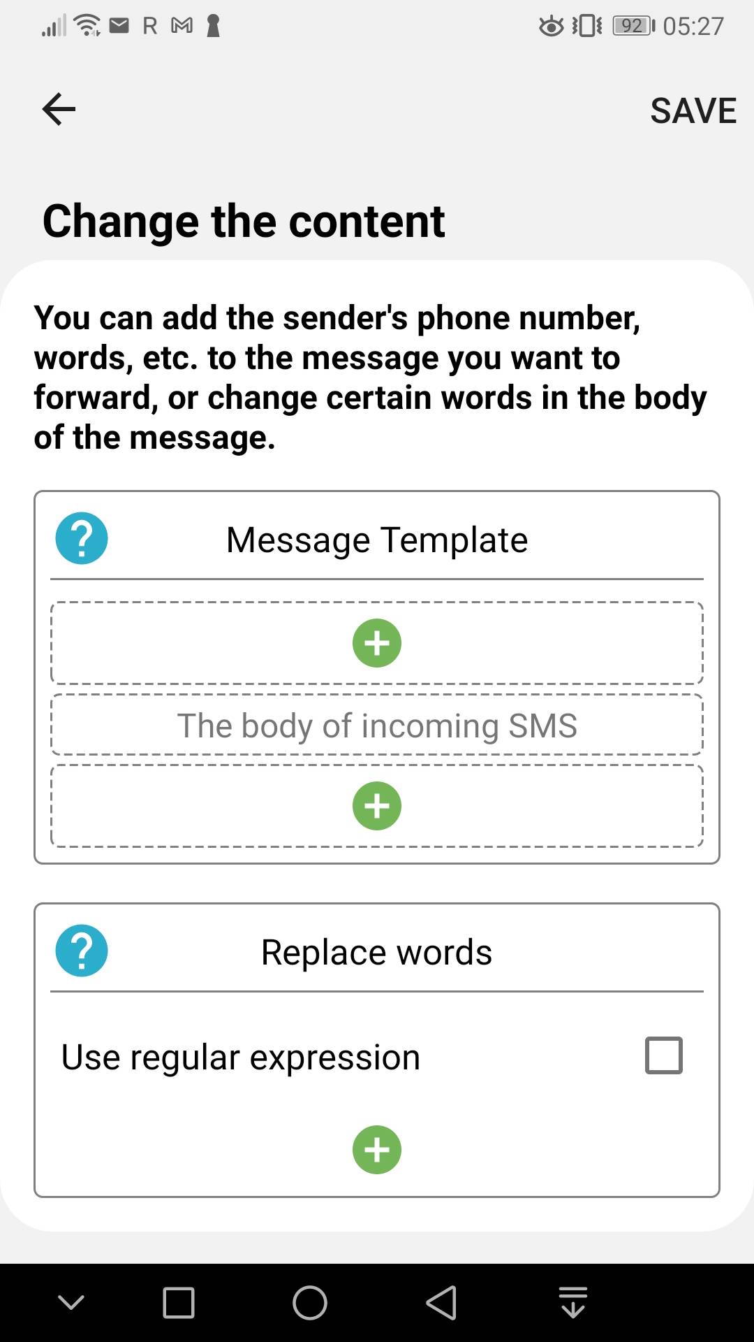 Optionen zum Bearbeiten der in SMS Forwarder weitergeleiteten SMS