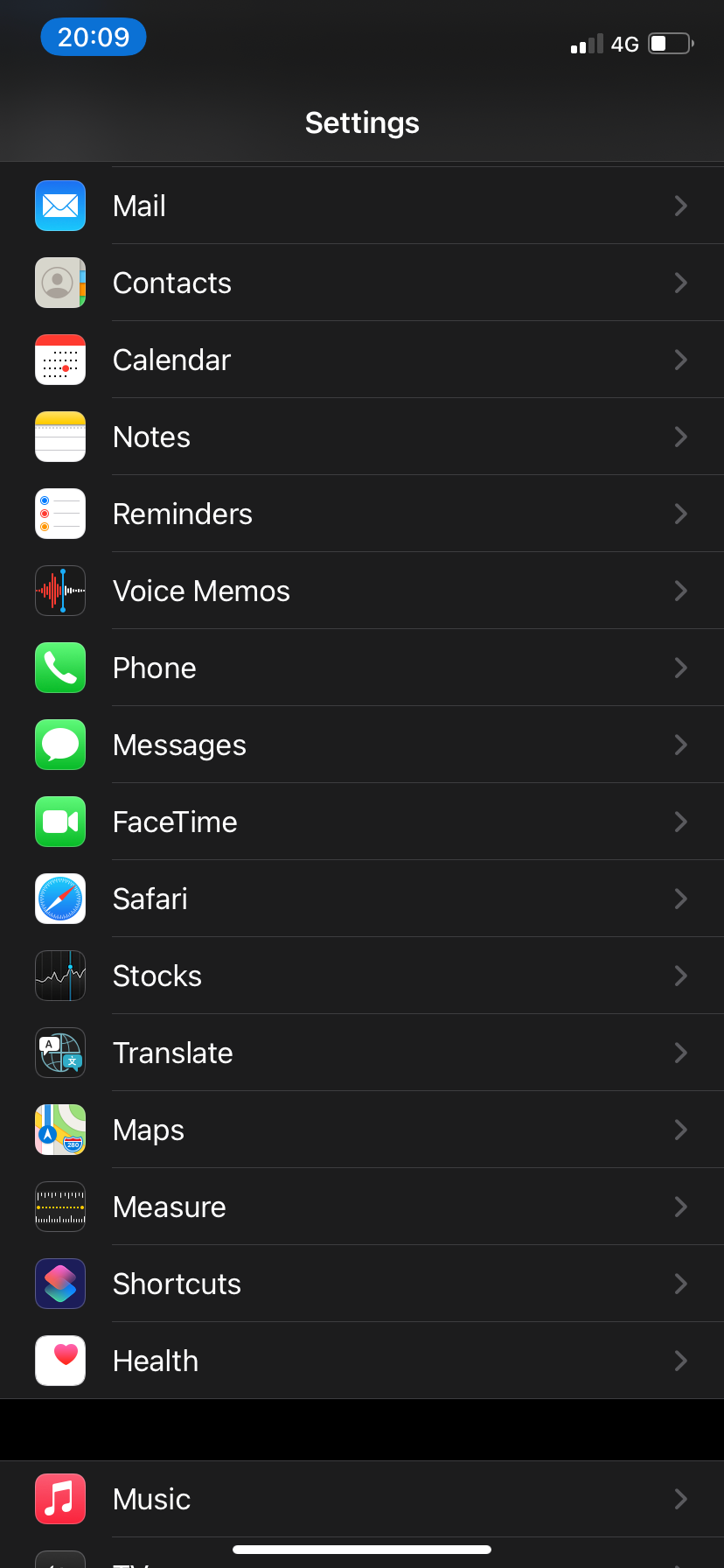 List of apps in iPhone Settings.