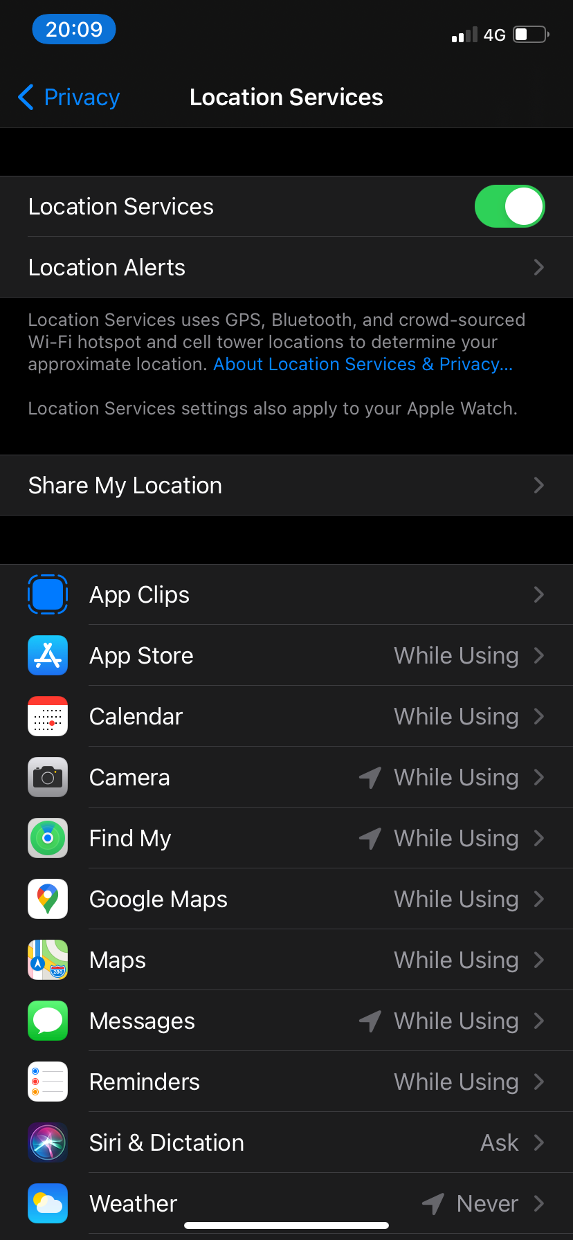 Location Services management screen.