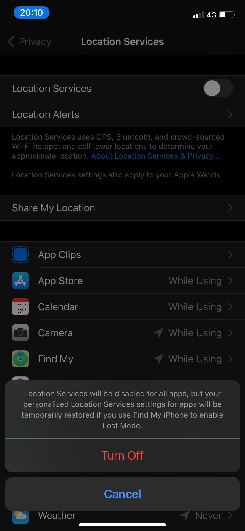 Disabling all Location Services.
