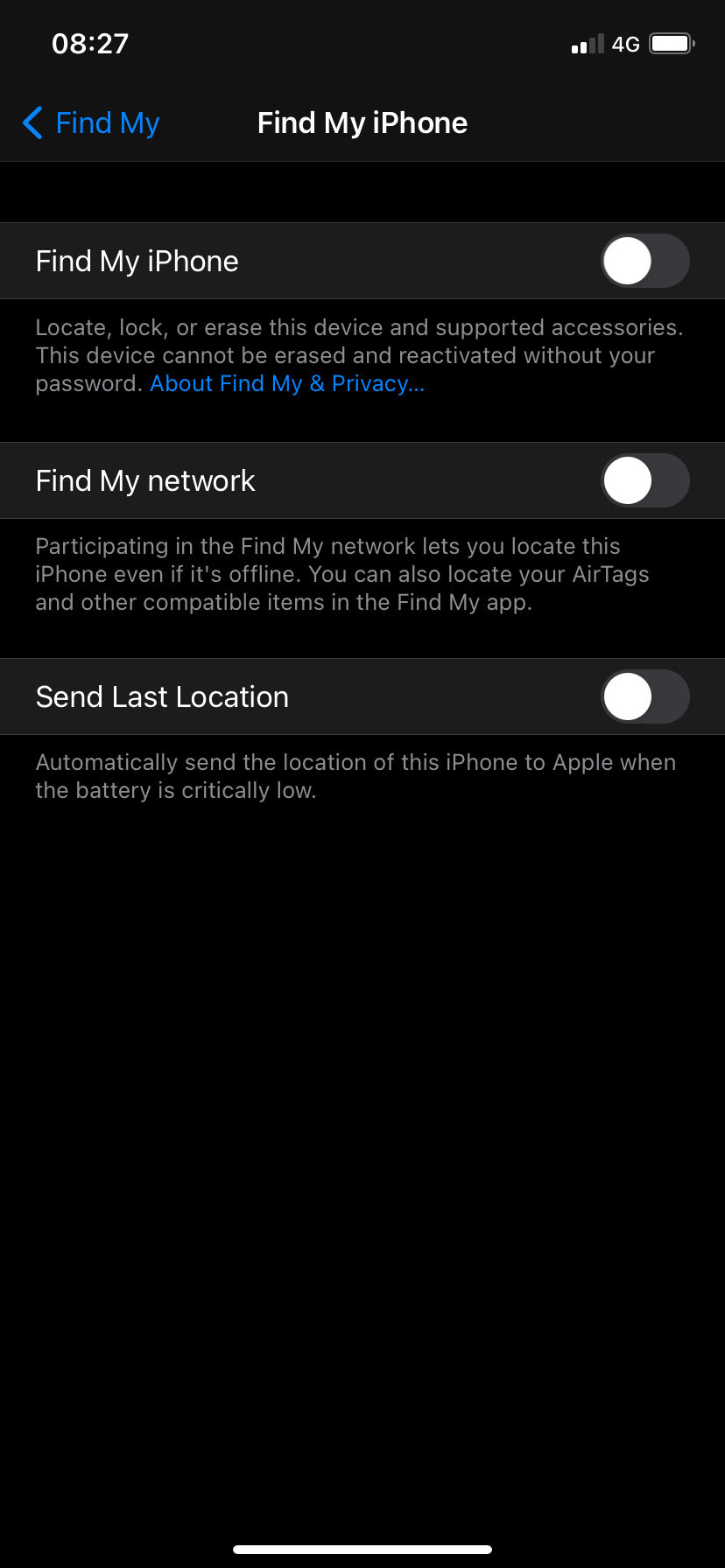 Disabling Find My iPhone.