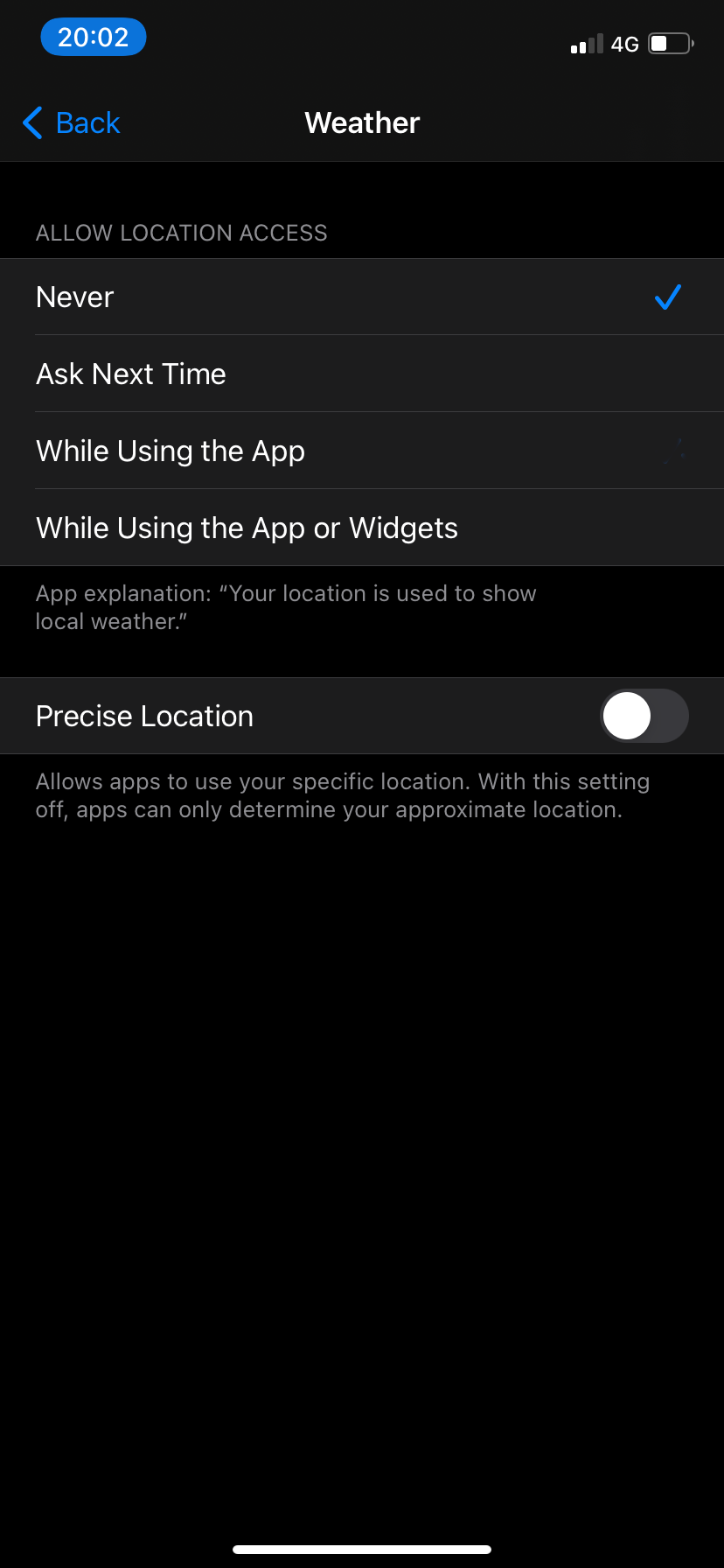 Location permissions for an app.