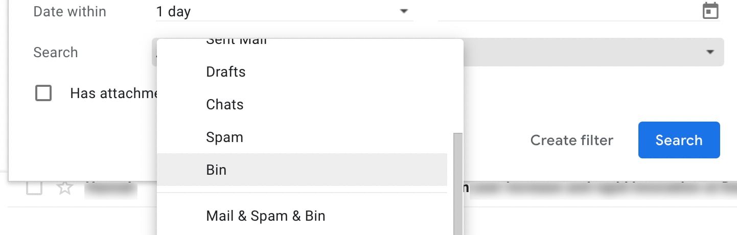 search in trash and spam