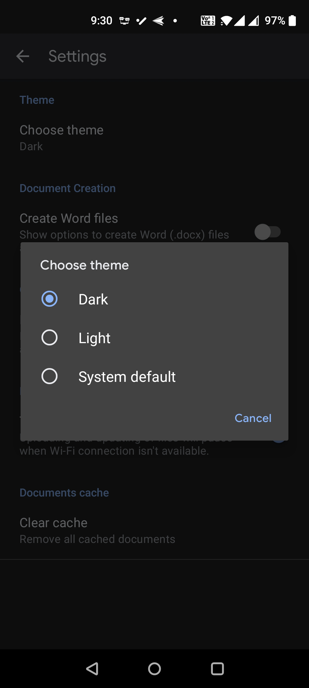 Dark mode in Google Docs on mobile
