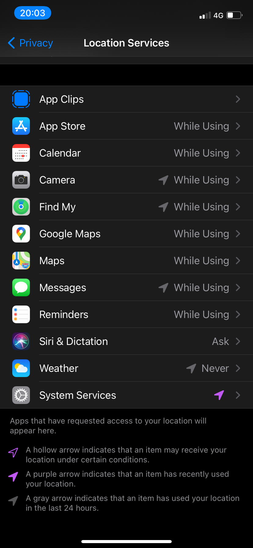 Location Services screen on iPhone.