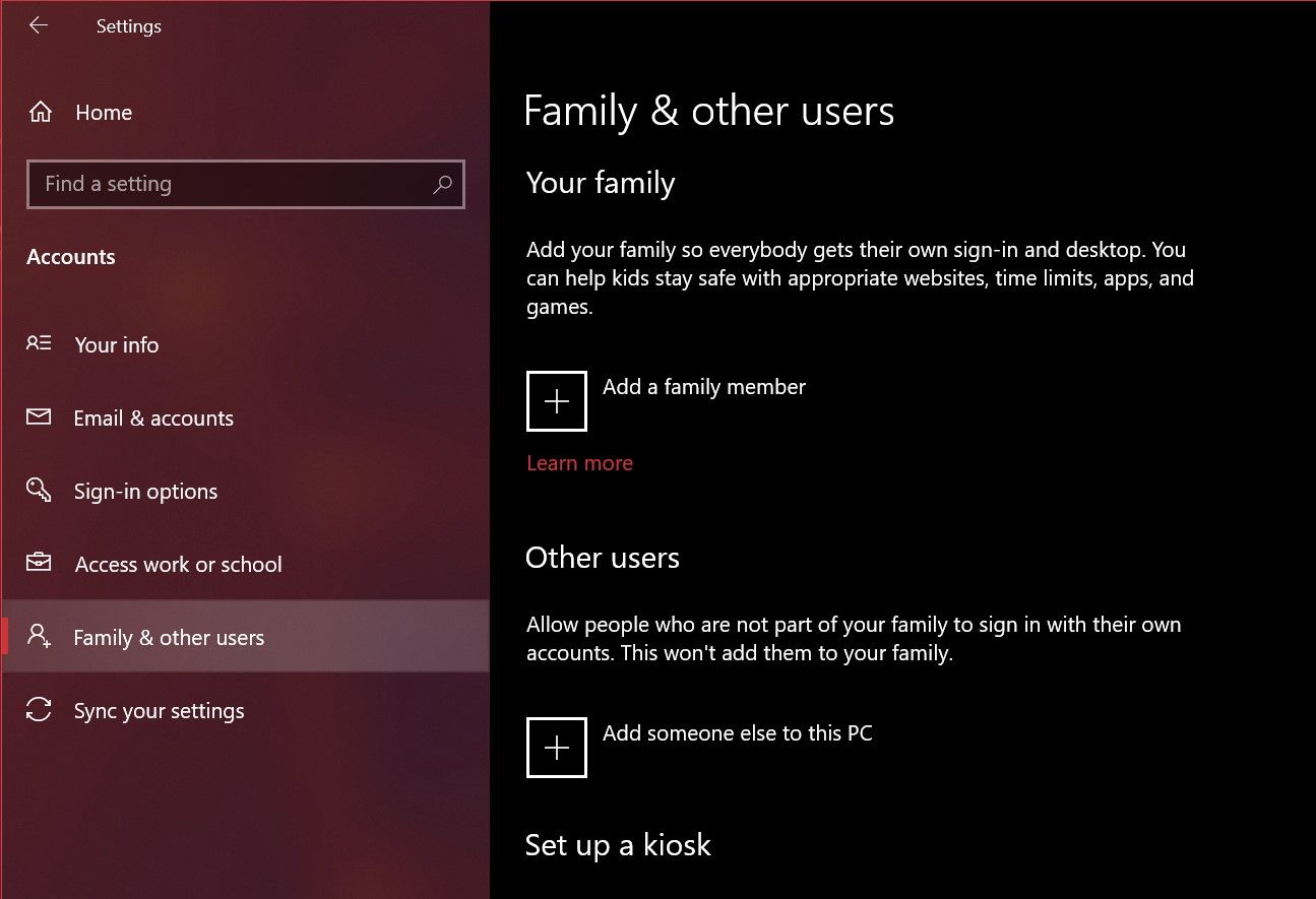 Windows 10 Account Settings