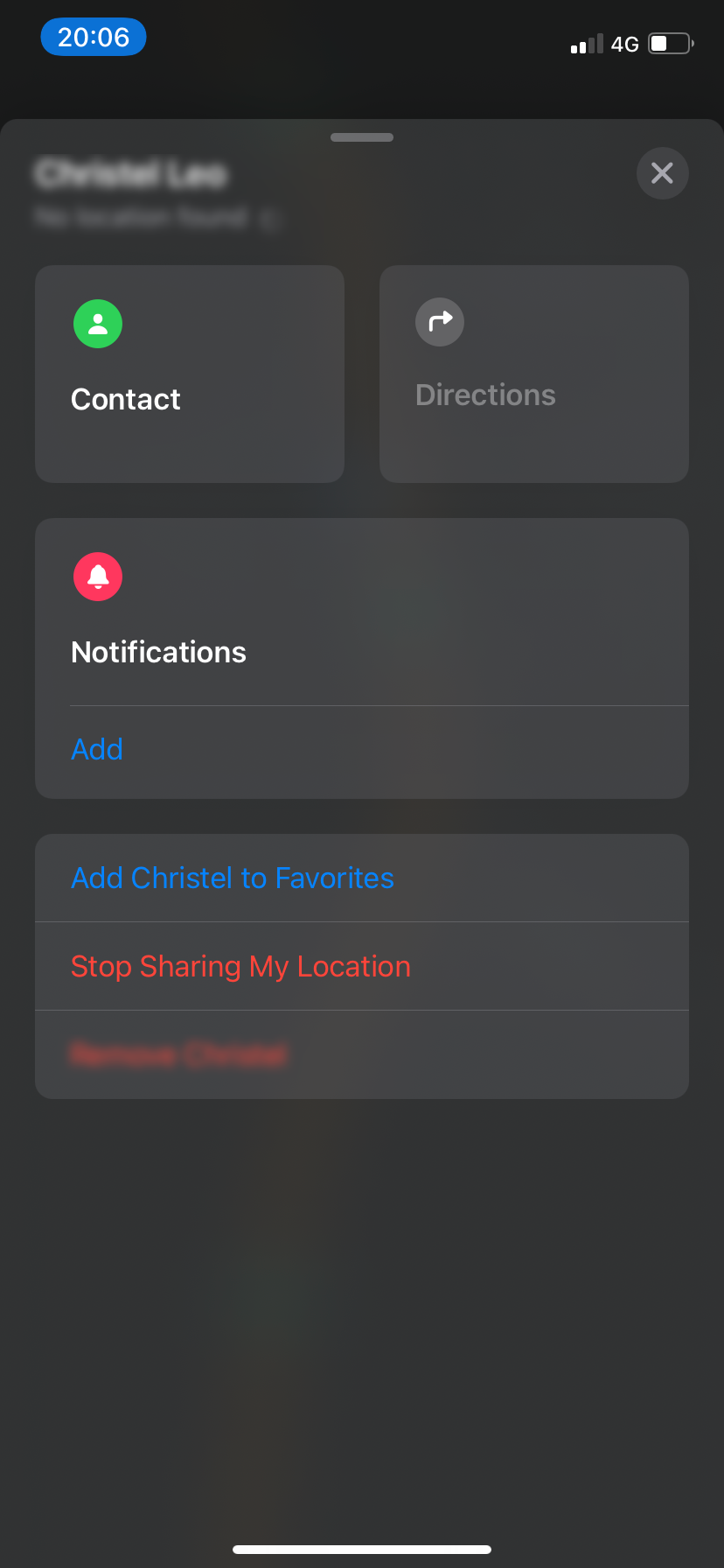 Location sharing options for a contact.