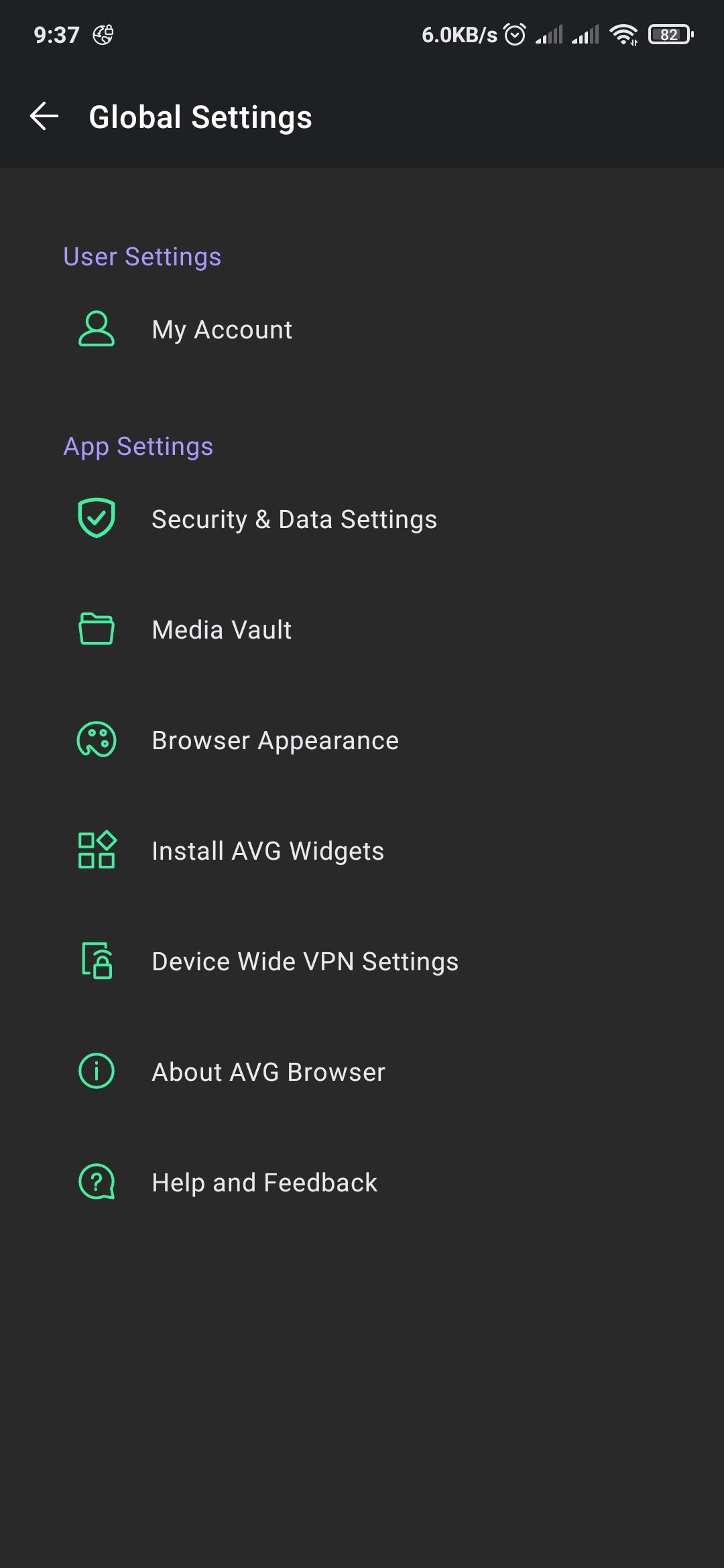 AVG browser settings menu