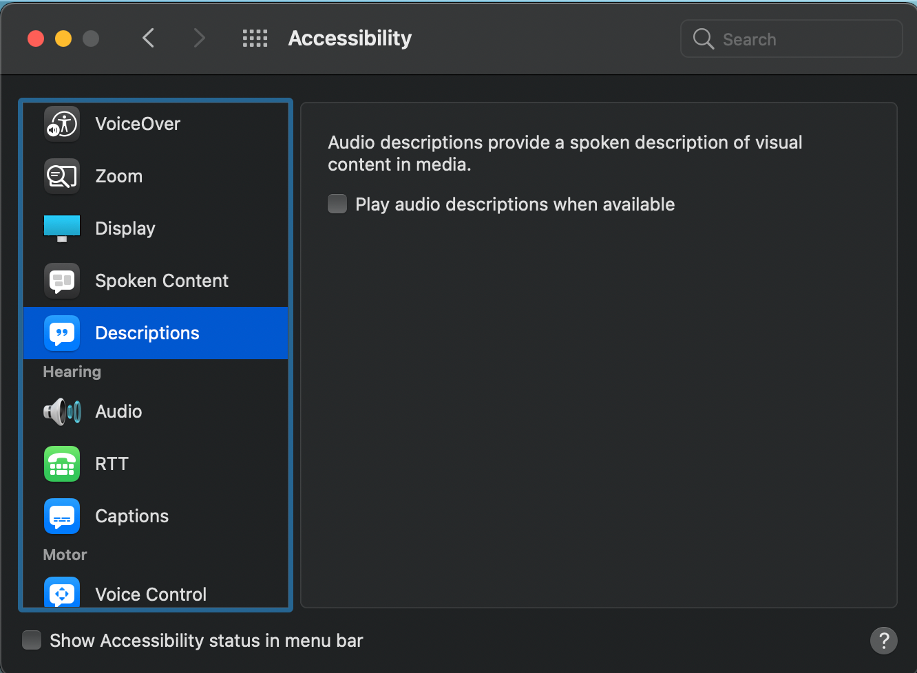 So verwenden Sie Untertitel, Bildunterschriften und Audiobeschreibungen in der Apple TV App - Accessibility Descriptions on Mac 1