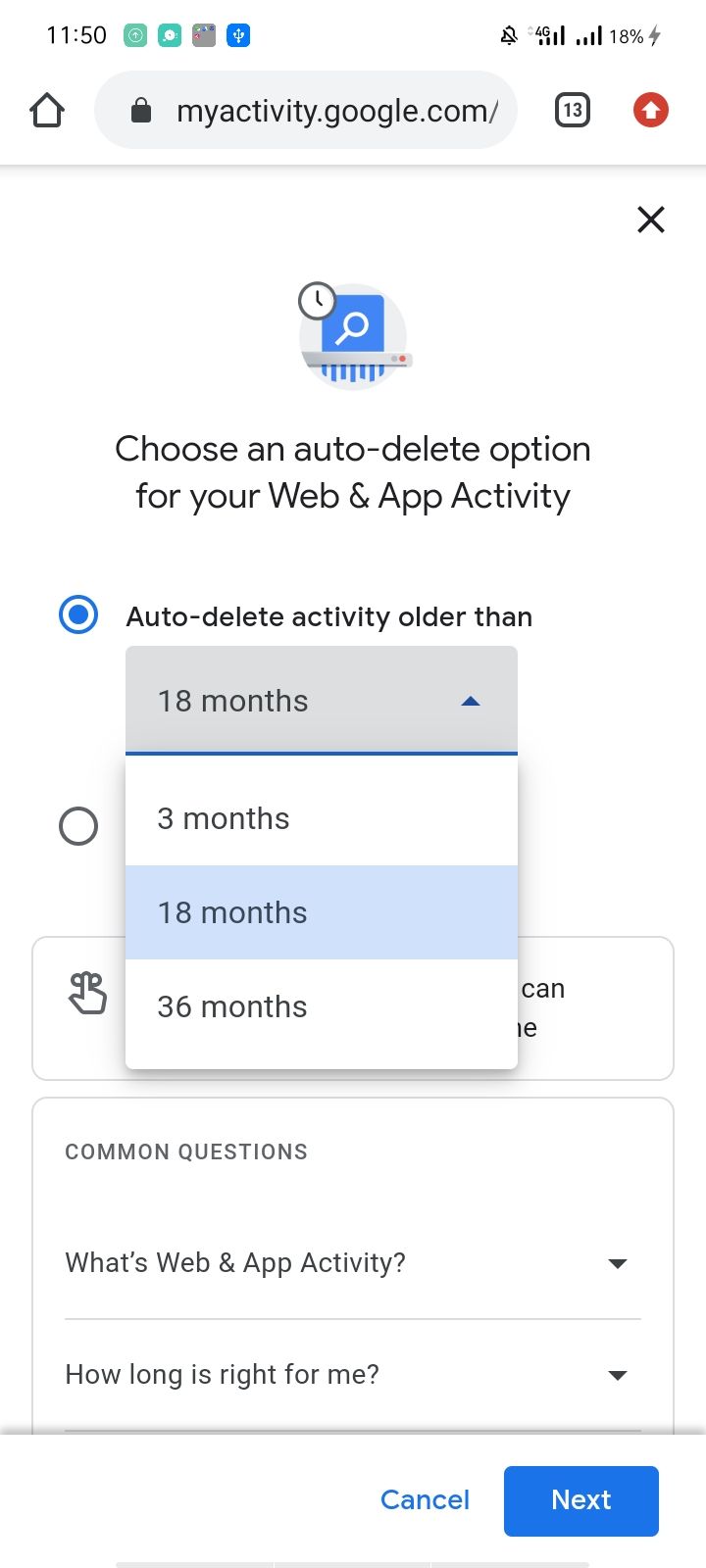 Activity Delete Options in Chrome