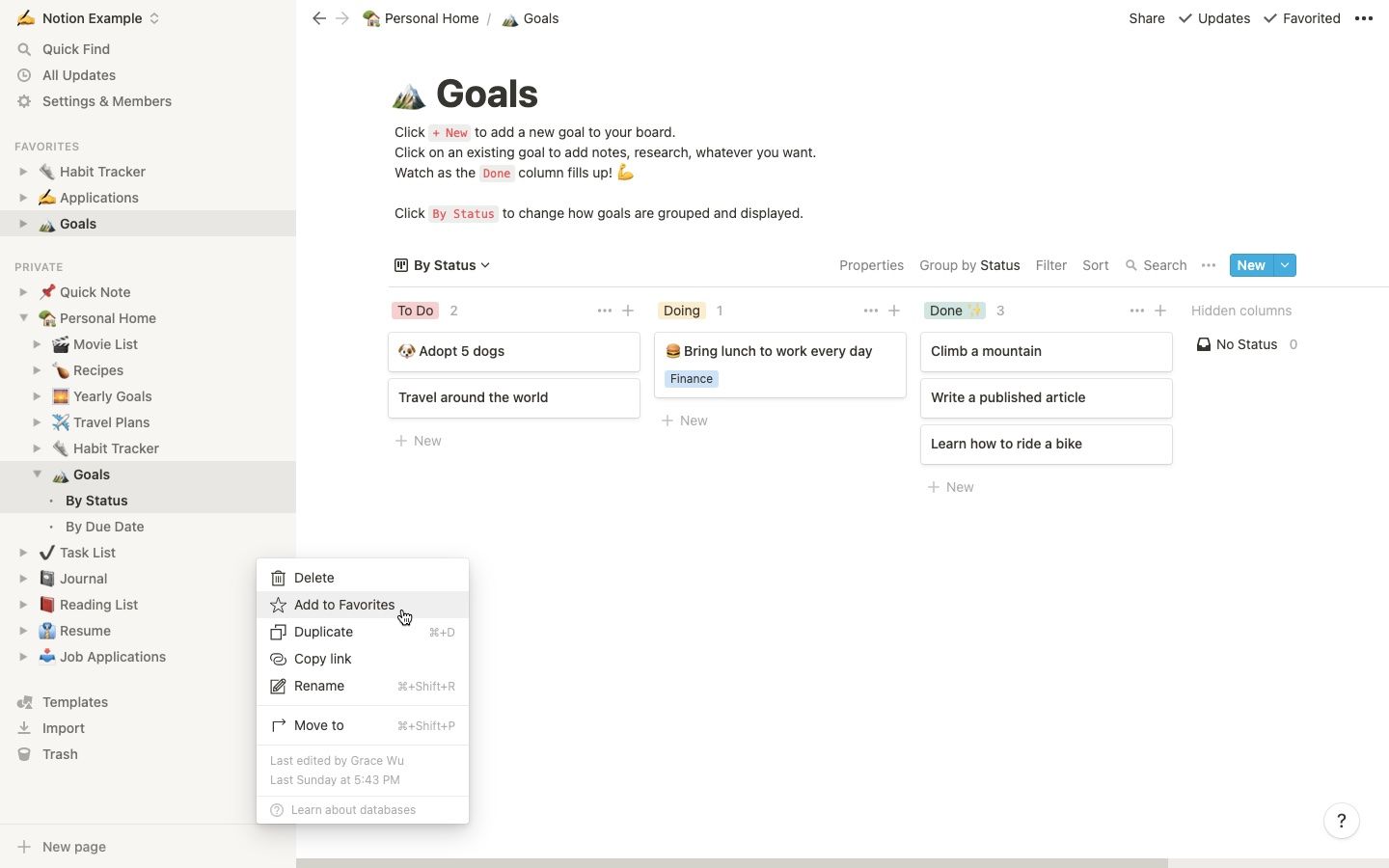 Adding favorite pages on Notion