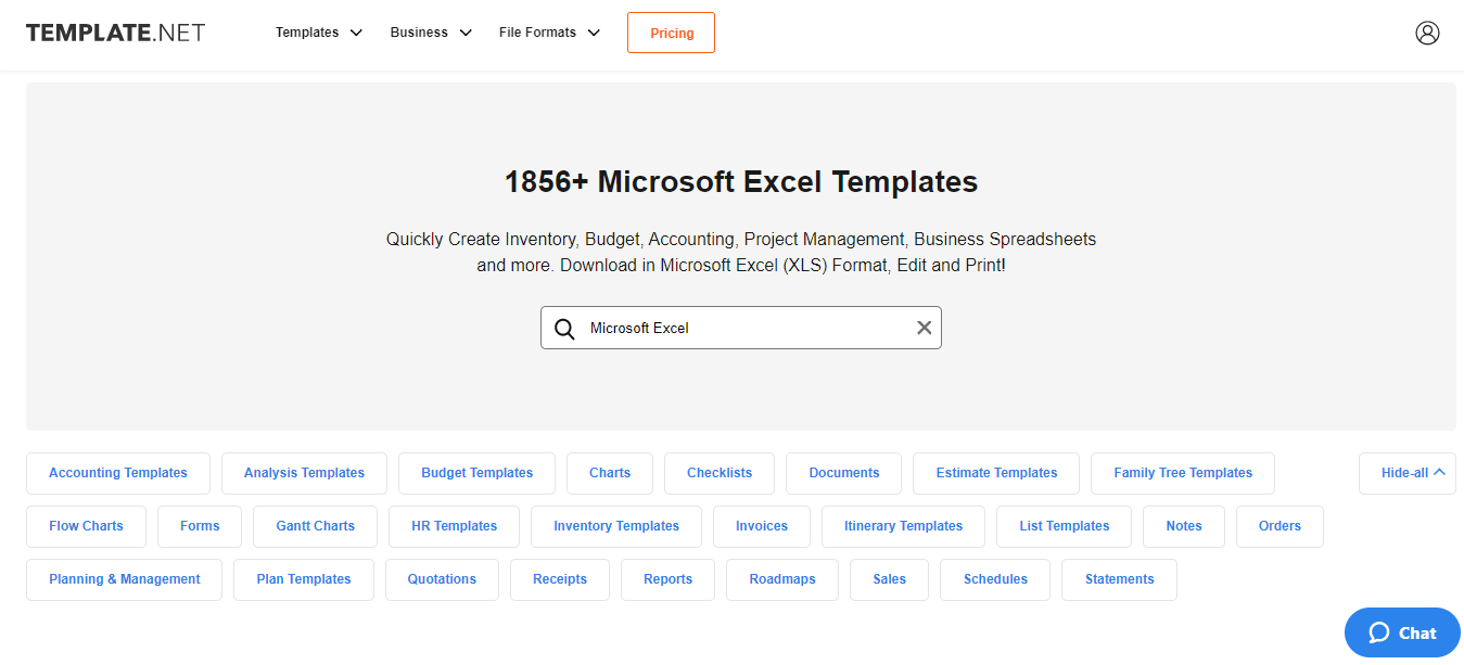 All Excel Templates Categories on Template.net website