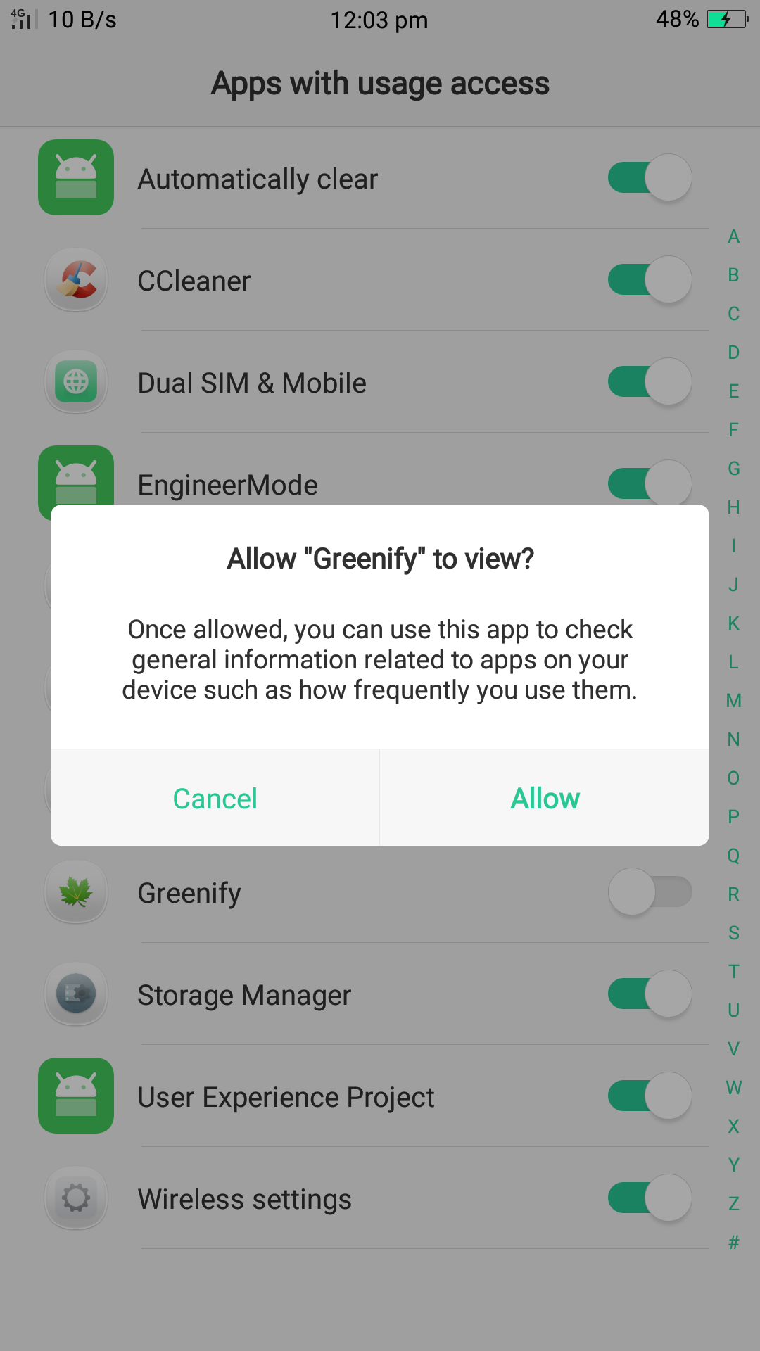 Allowing Greenify Usage Access