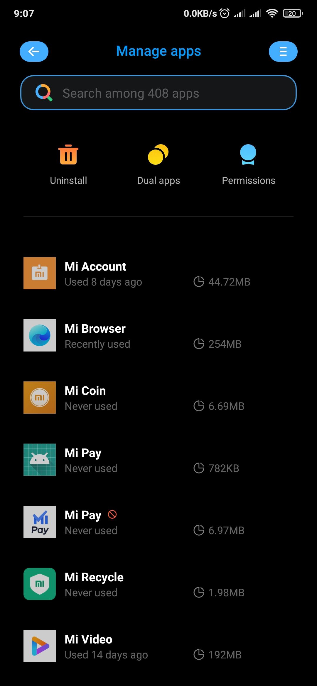 برنامه های نصب شده Xiaomi MIUI