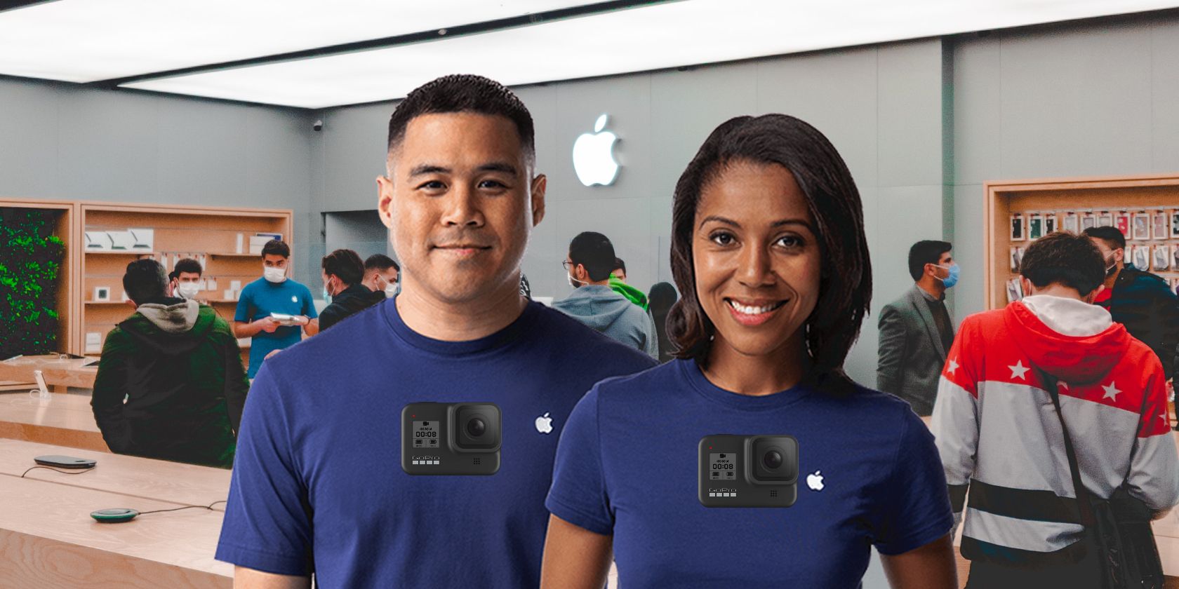 Apple employees wearing body cameras standing in front of a busy Apple store.