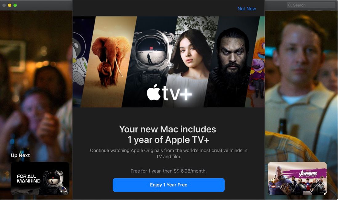 Screenshot of Apple TV+ on a Mac offering the year-long free trial.