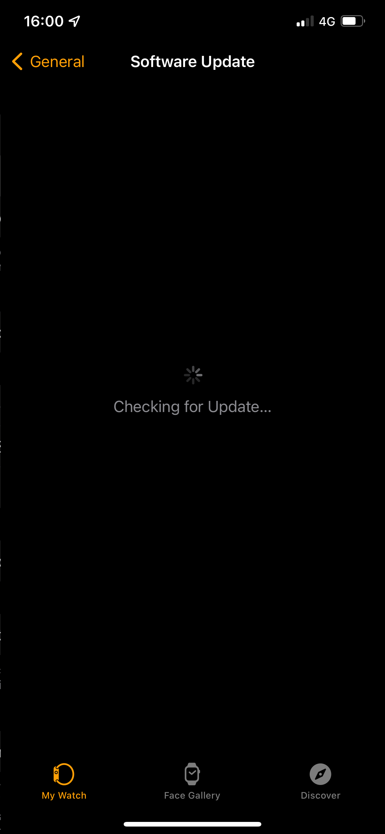 Screenshot of an iPhone checking for an Apple Watch software update.