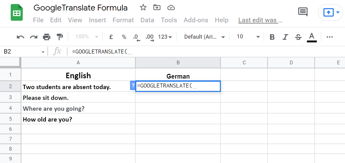 Applying GoogleTranslate Formula in Google Sheets