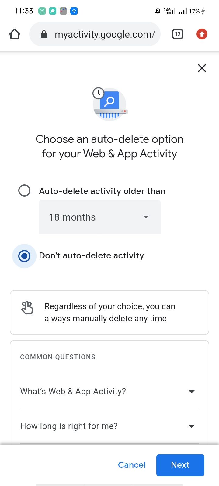 Auto-delete Settings in Web and App Activity in Chrome