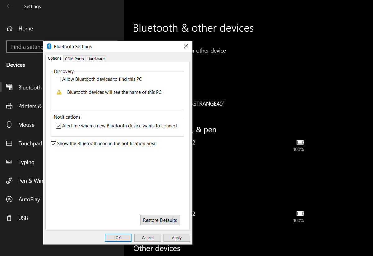 Bluetooth settings dialog in Windows 10