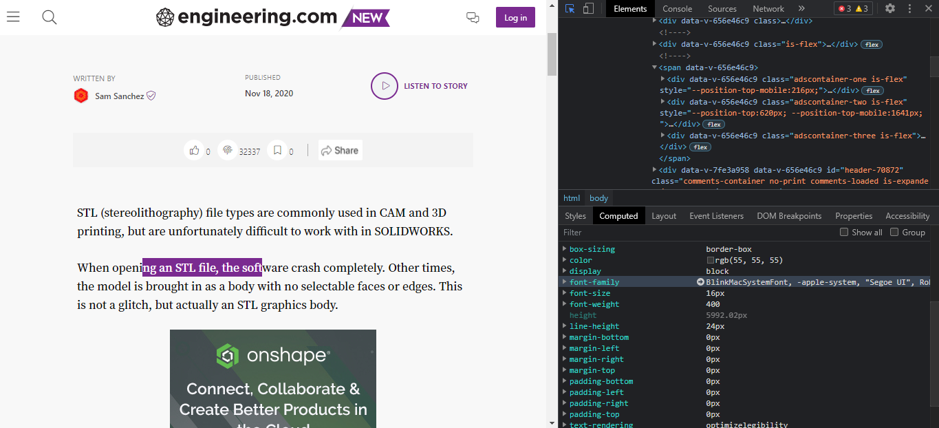 Browser Inspector Öppna med källkod som visar teckensnittsfamilj