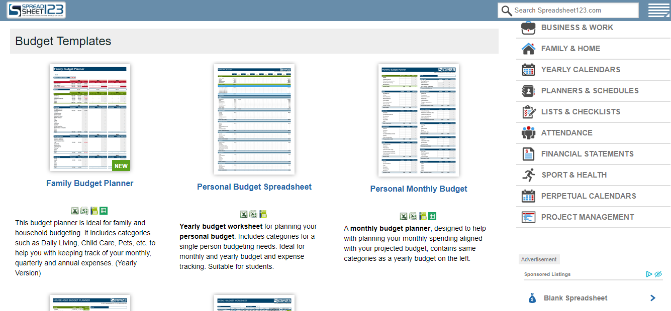 Browsing Through Excel Templates in Budget Templates Category on Spreadsheet123 Website