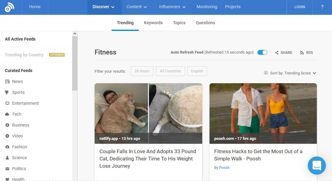 Buzzsumo showing trending content in the Fitness category