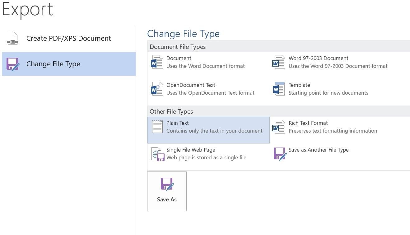 Screenshot of the Export Menu /Change File type Options