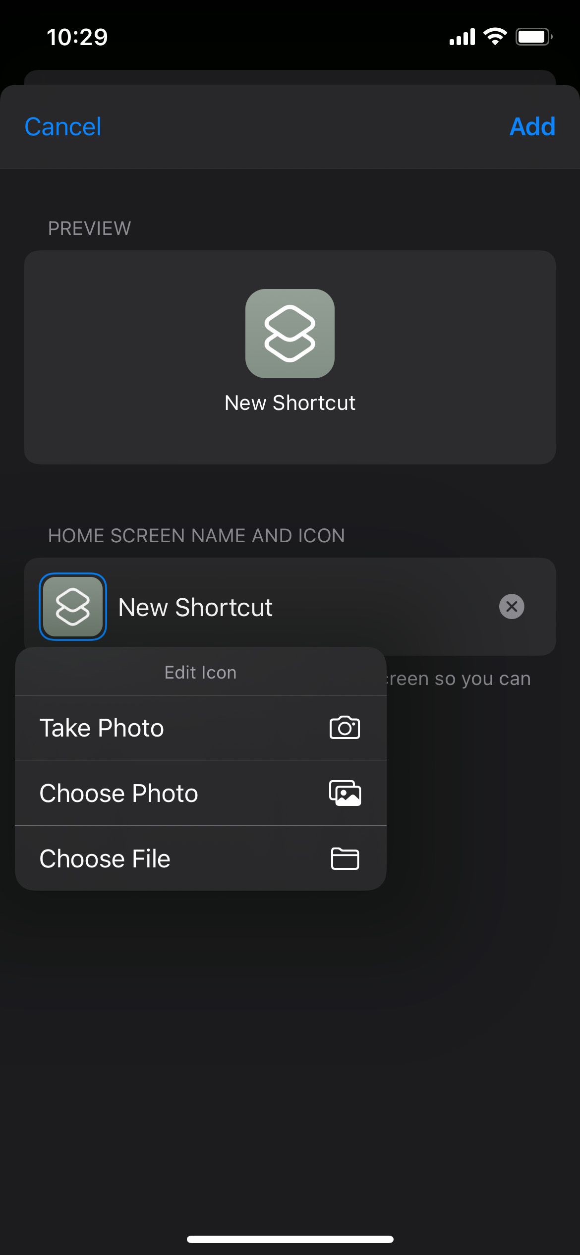 Selecting a new app icon for a new shortcut on iPhone