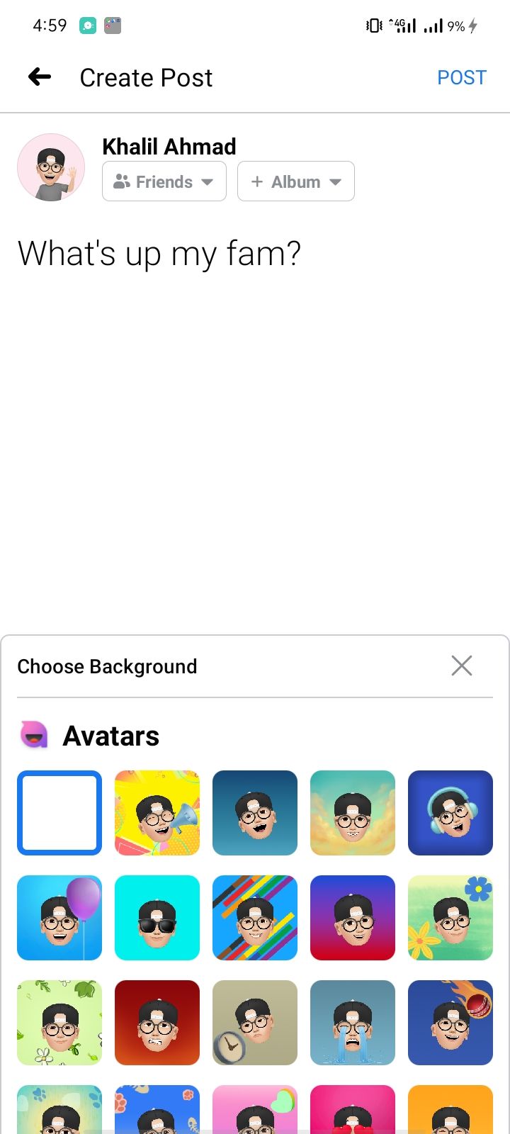 Choosing Avatar As Background For Post On Facebook